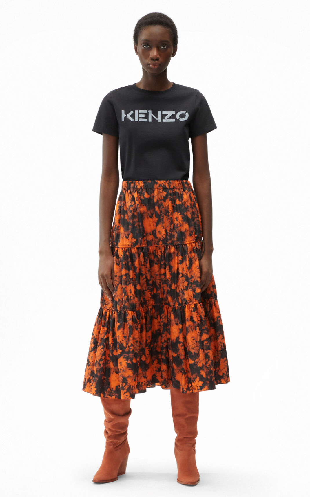 Kenzo Ghost Flower Midi Nederdel Dame - Orange DK-225279